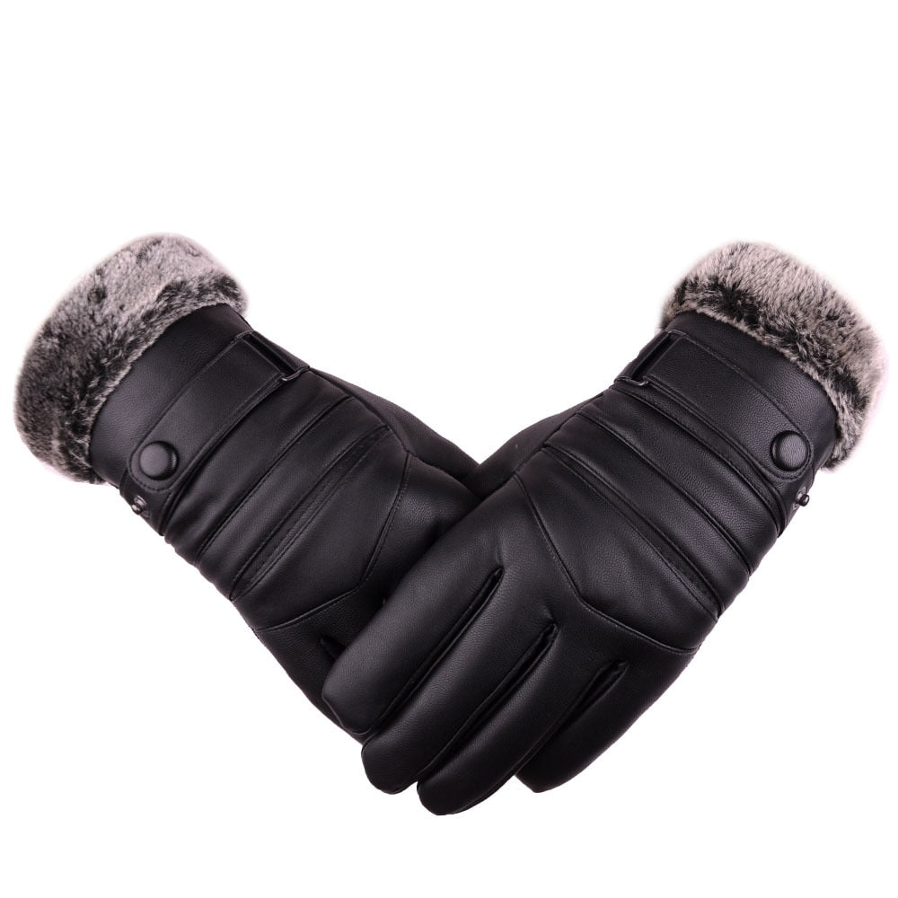 Mens Long Leather Gloves Wool Warm Touchscreen Gloves Waterproof Fur Mittens Heated Cashmere Gloves Motorcycle Gants Winter