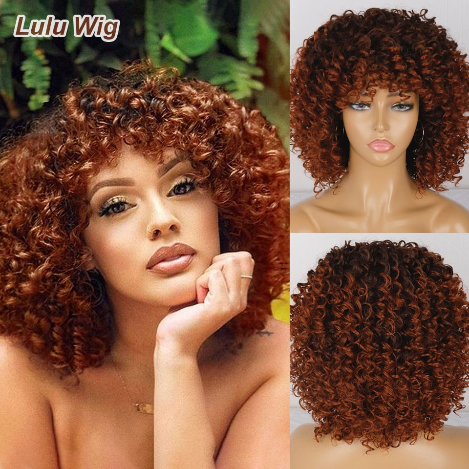 Short Curly Blonde Wig For Black Women Afro Kinky Curly Wig With Bangs Synthetic Natural Glueless Ombre Brown Blonde Cosplay Wig