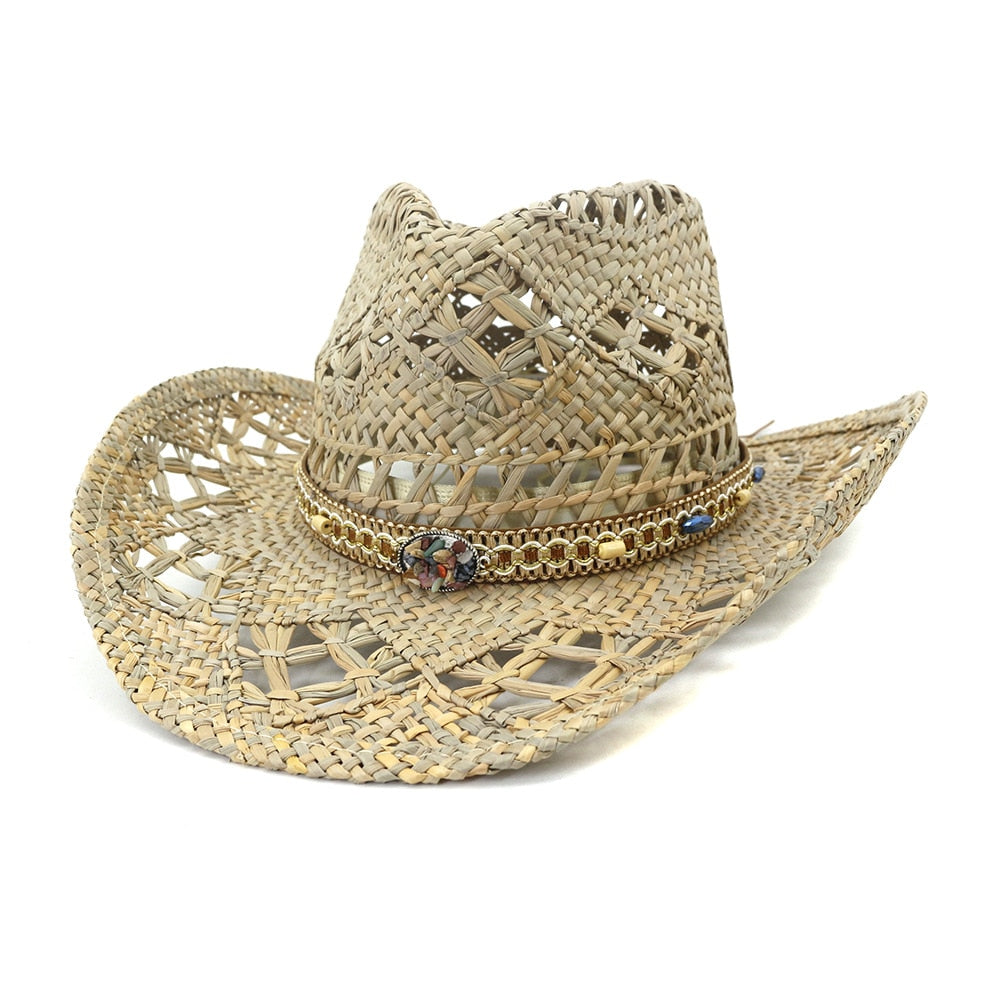 Cowboy hat fashion hollow handmade cowboy straw hat men's summer outdoor travel beach hat unisex solid color western cowboy hat