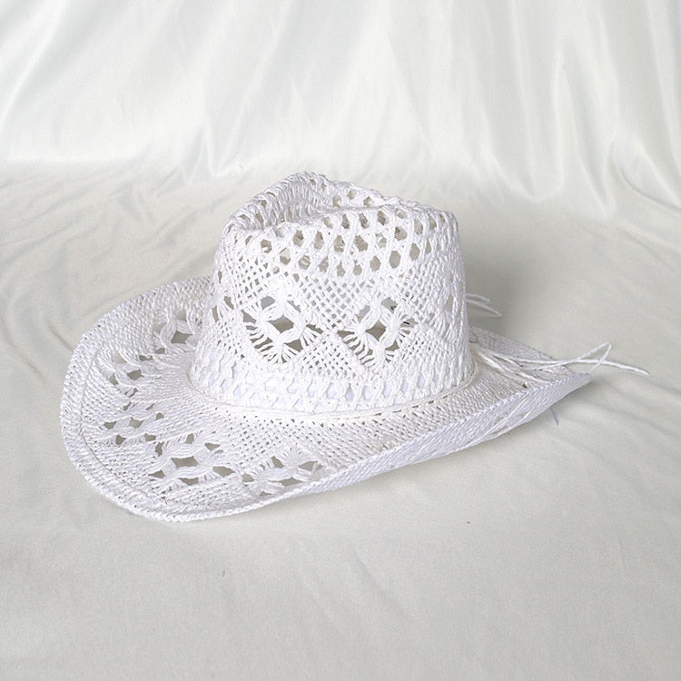 Cowboy hat fashion hollow handmade cowboy straw hat men's summer outdoor travel beach hat unisex solid color western cowboy hat