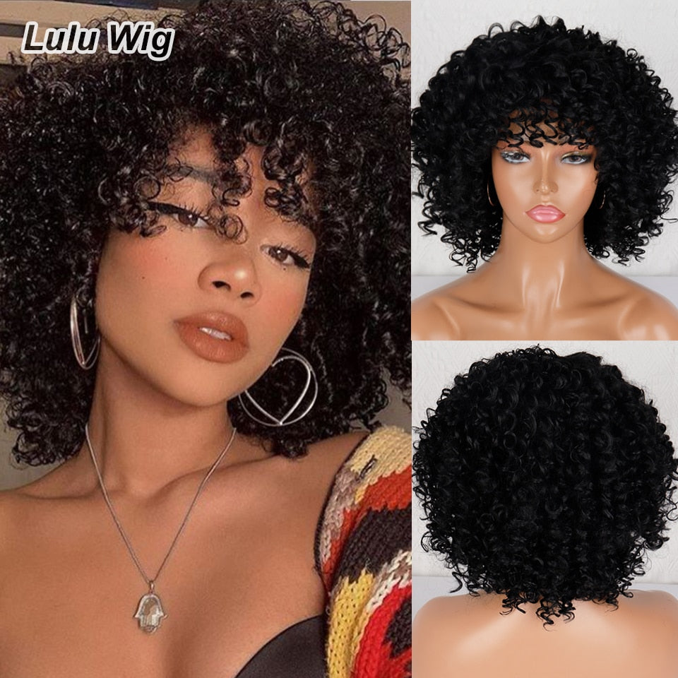 Short Curly Blonde Wig For Black Women Afro Kinky Curly Wig With Bangs Synthetic Natural Glueless Ombre Brown Blonde Cosplay Wig