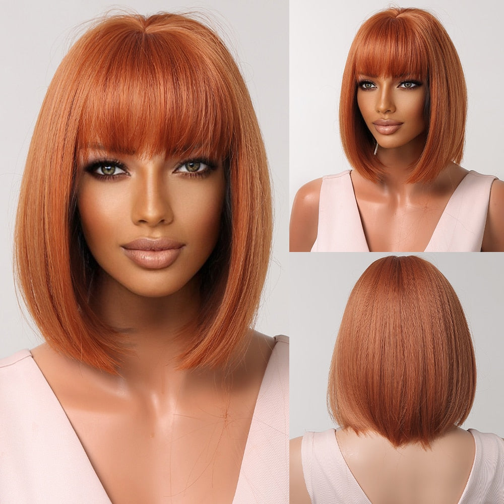 Short Straight Synthetic Wigs for Women Blonde to Brown Ombre Bob Wigs with Bangs Daily Cosplay Party Heat Resistant Fake Hair