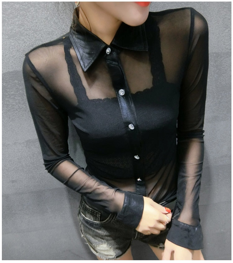 Mesh Transparent Blouse shirt 2023 Cardigan Long Sleeve Slim Womens Tops Nightclub See Through Women Top Sexy women Shirt 196C