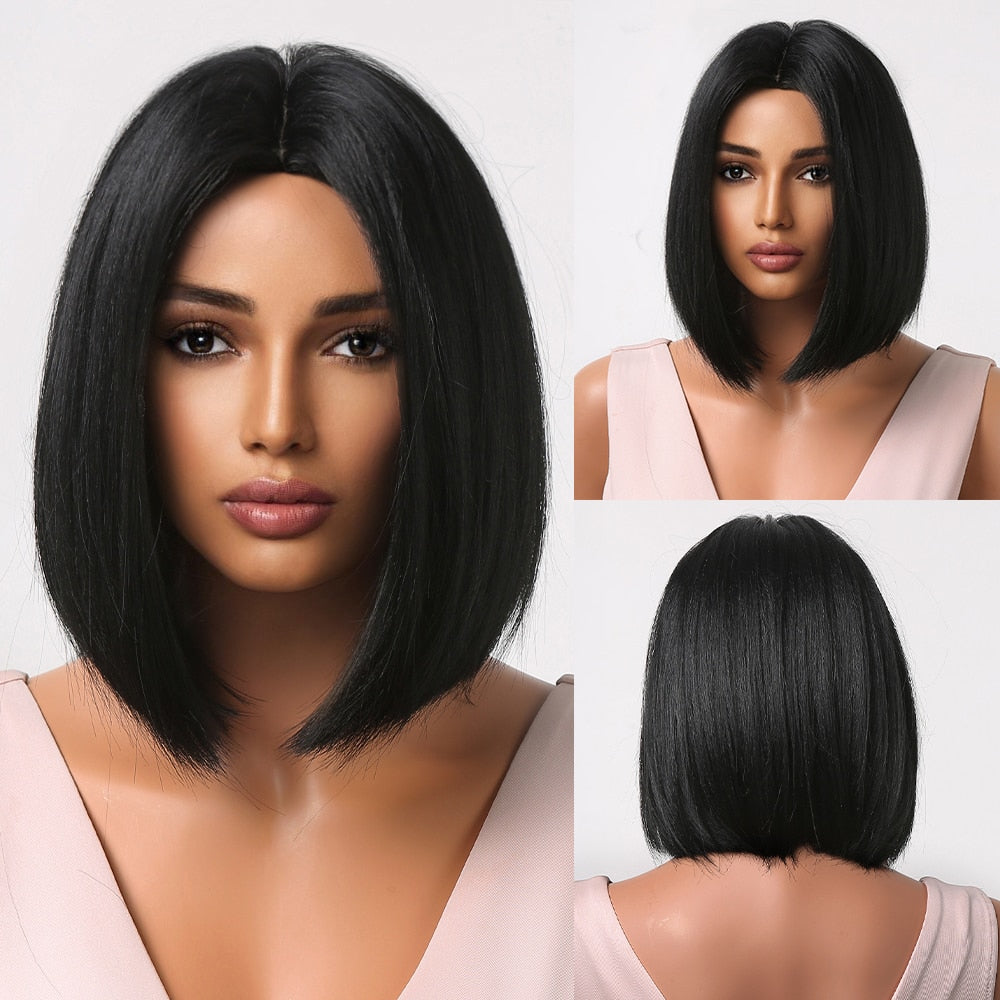 Short Straight Synthetic Wigs for Women Blonde to Brown Ombre Bob Wigs with Bangs Daily Cosplay Party Heat Resistant Fake Hair