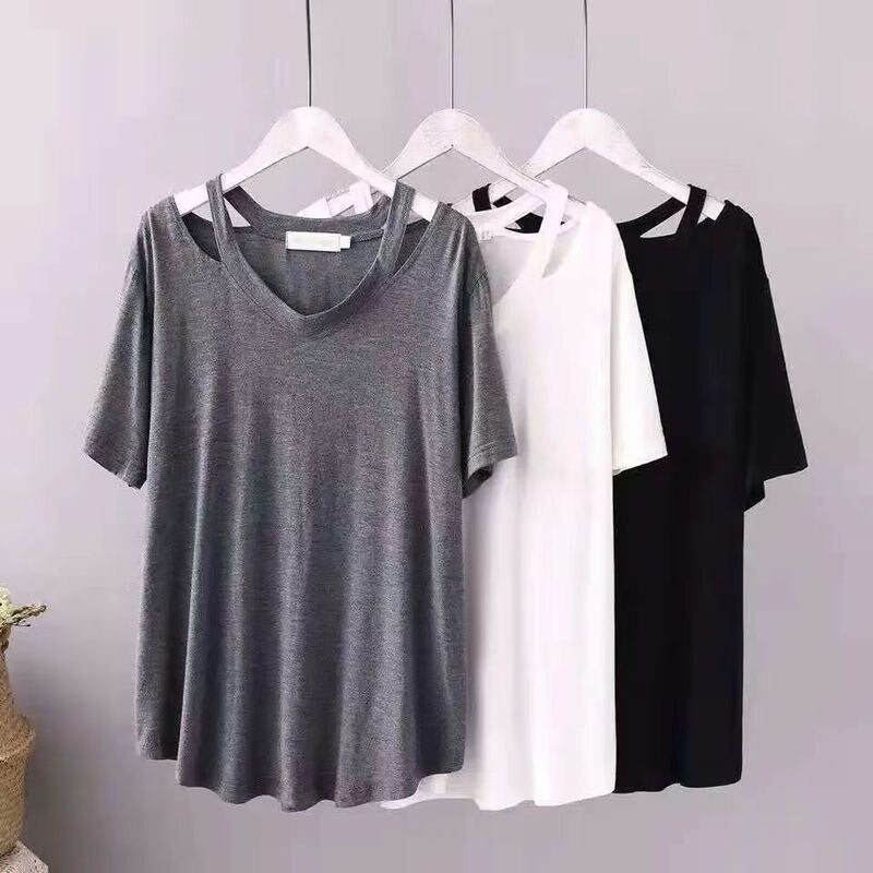 DAYIFUN Plus Size 150KG Women Large Tshirts Black Tops Lady Loose Short Sleeve T-shirts Summer V Neck Hollow-out Tees for Femme