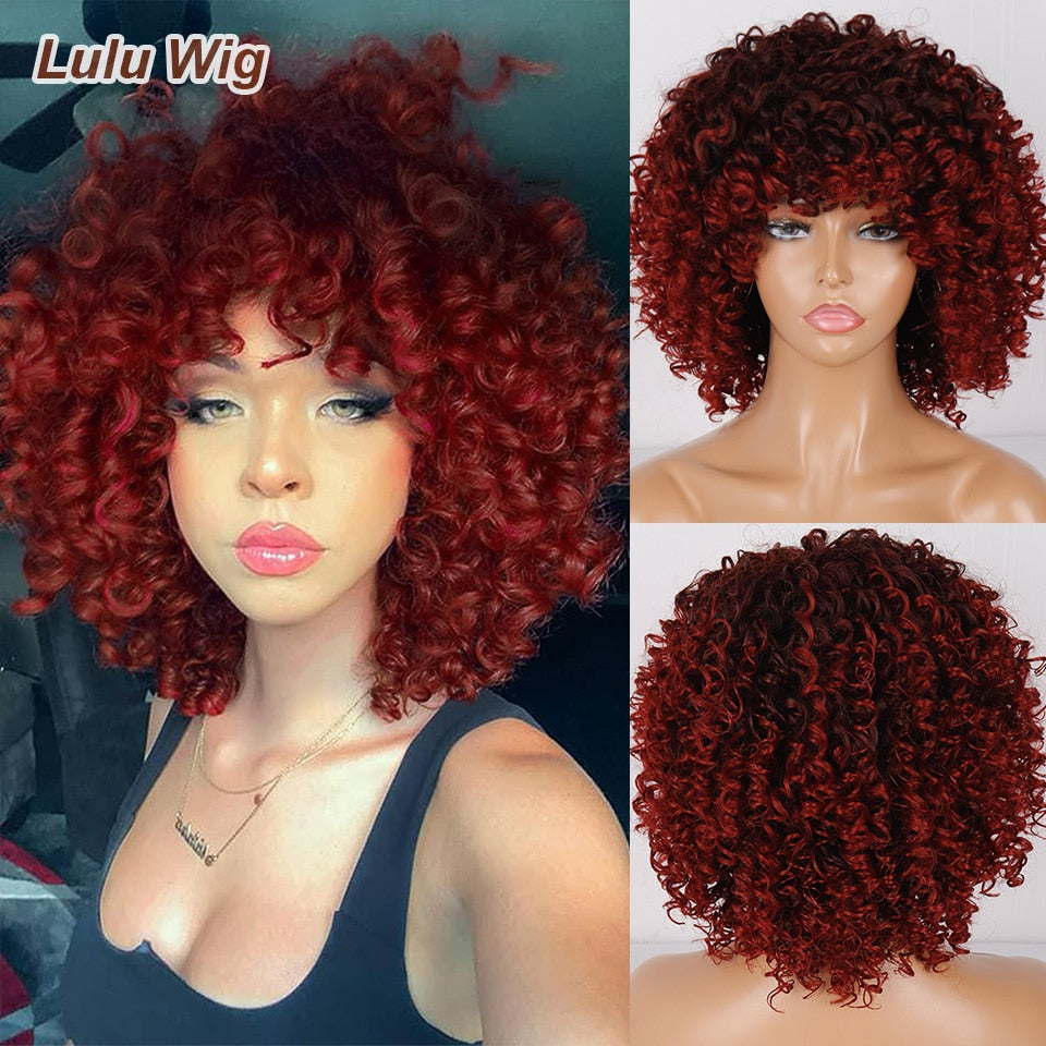 Short Curly Blonde Wig For Black Women Afro Kinky Curly Wig With Bangs Synthetic Natural Glueless Ombre Brown Blonde Cosplay Wig