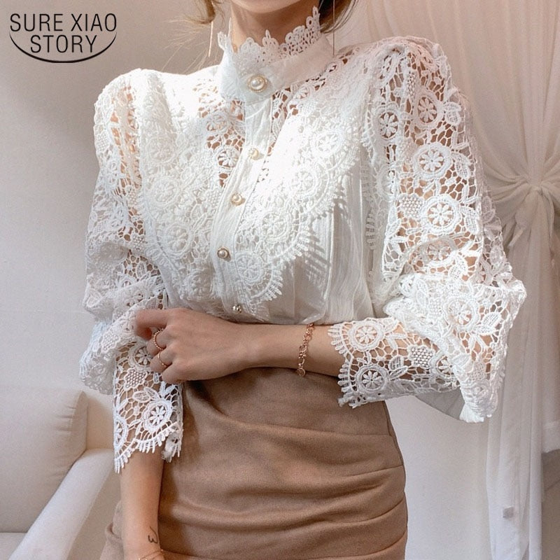 Chic Hollow Out Flower Lace Shirt Stand-Collar All-Match Summer Blouses 2023 Petal Sleeve Patchwork Women Top Femme Blusas 12419