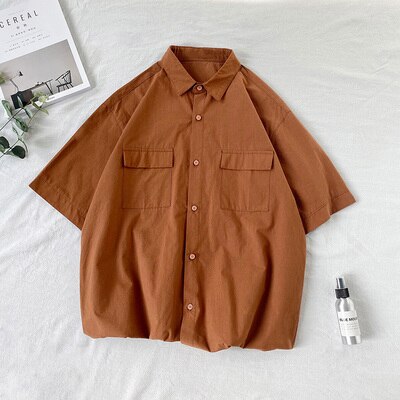 Short Sleeve Shirts Men Solid Candy Colors Loose Summer Couple Turn-down Collar Simple Pockets Fashion Harajuku Chemise Homme