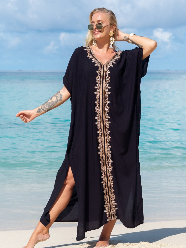 2023 Sexy Cold Shoulder V Neck Bats Sleeve Loose Summer Beach Dress Plus Size Women Beachwear Kaftan Black Dress Q943