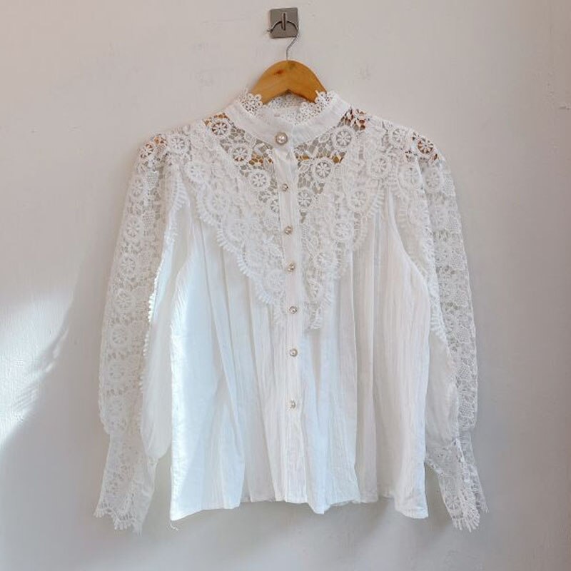 Chic Hollow Out Flower Lace Shirt Stand-Collar All-Match Summer Blouses 2023 Petal Sleeve Patchwork Women Top Femme Blusas 12419