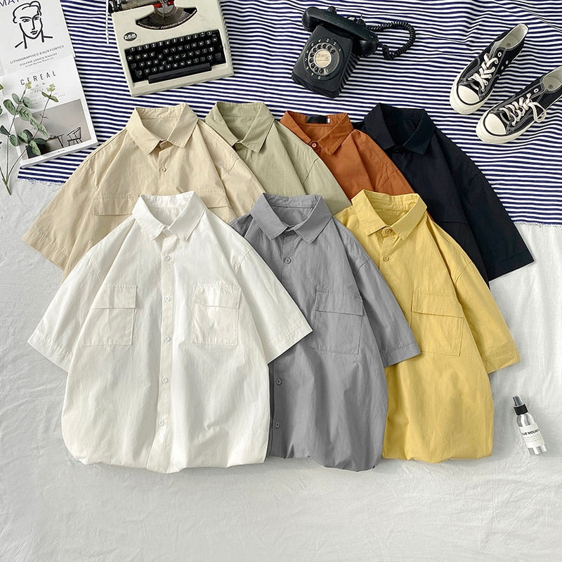 Short Sleeve Shirts Men Solid Candy Colors Loose Summer Couple Turn-down Collar Simple Pockets Fashion Harajuku Chemise Homme