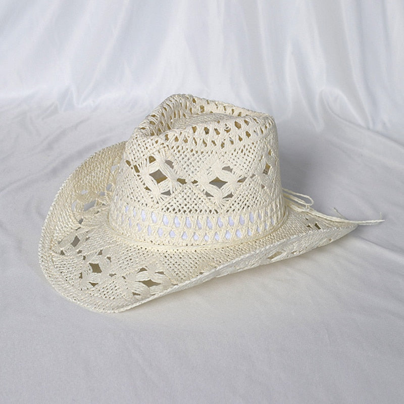 Cowboy hat fashion hollow handmade cowboy straw hat men's summer outdoor travel beach hat unisex solid color western cowboy hat