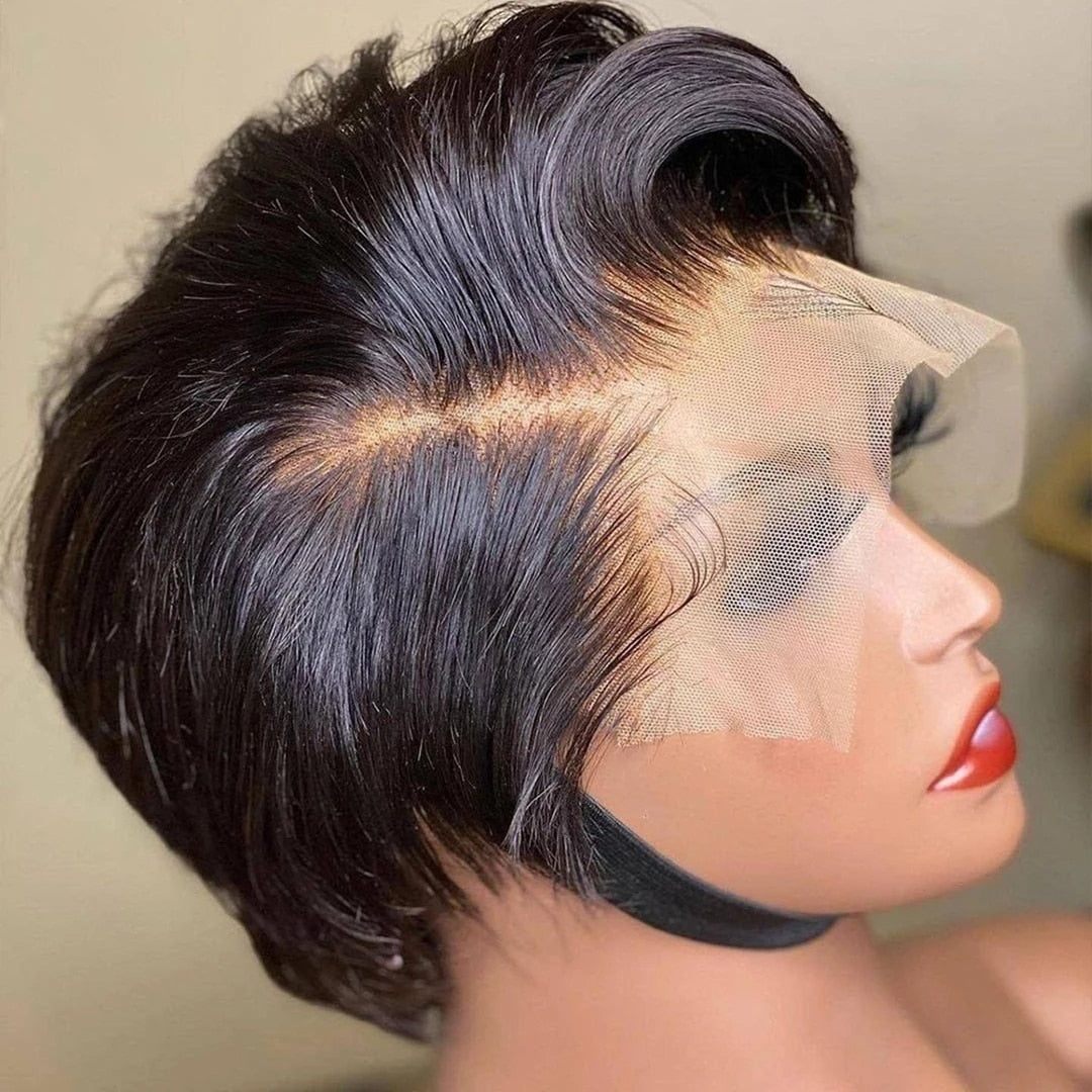 Short Bob Human Hair Wigs For Black Women Brazilian Bone Straight Pixie Cut Wig Cheap T Part Transparent Lace Wigs Pre Plucked