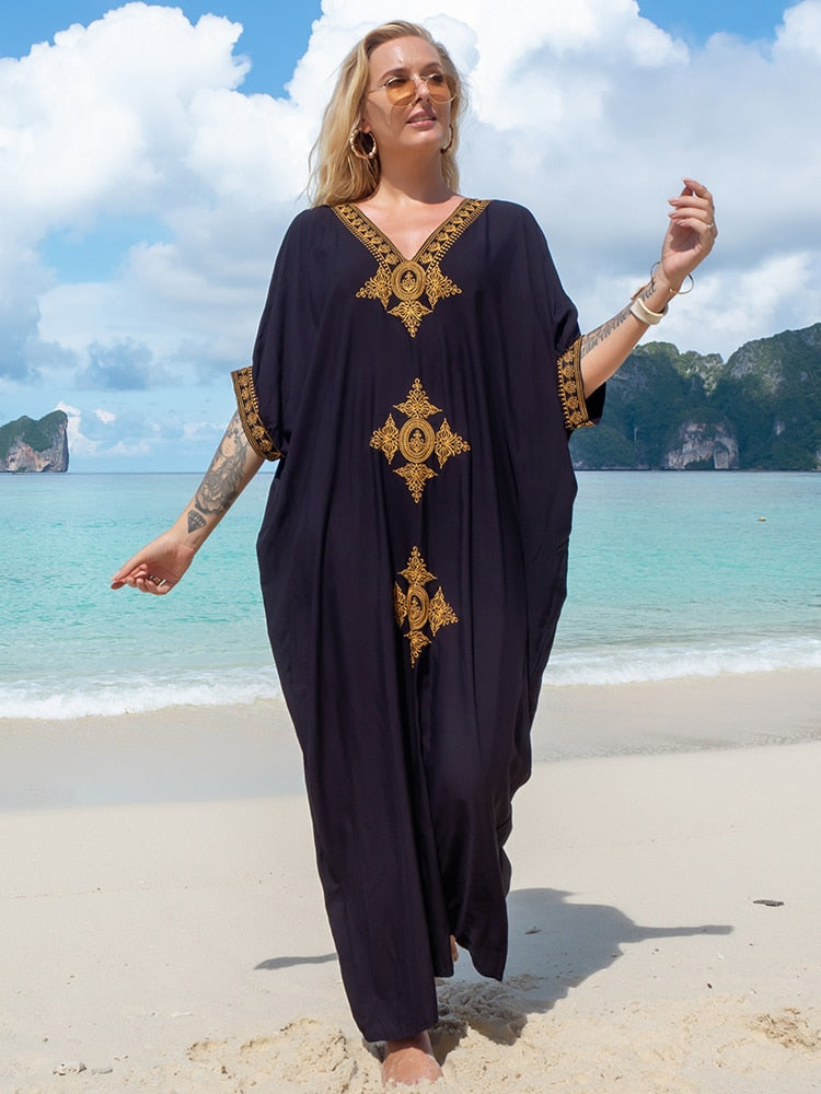 2023 Sexy Cold Shoulder V Neck Bats Sleeve Loose Summer Beach Dress Plus Size Women Beachwear Kaftan Black Dress Q943