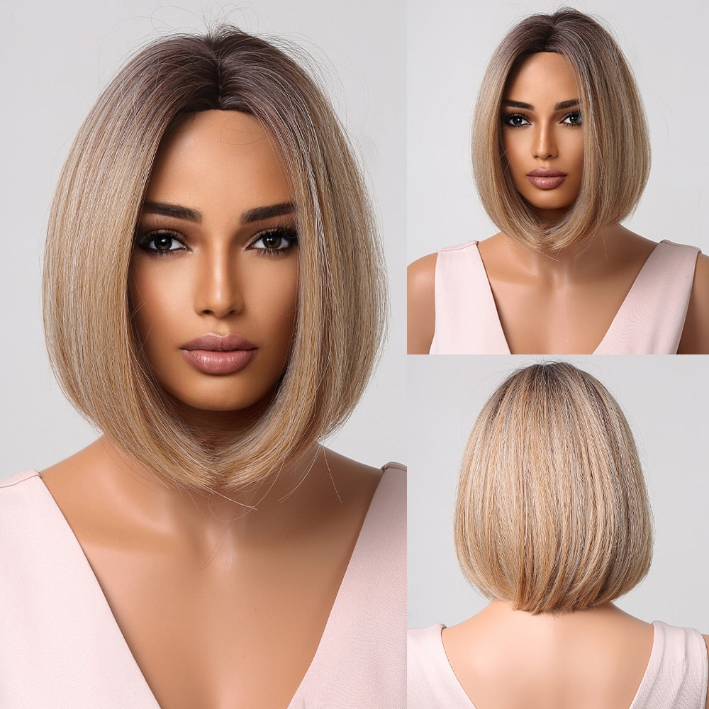 Short Straight Synthetic Wigs for Women Blonde to Brown Ombre Bob Wigs with Bangs Daily Cosplay Party Heat Resistant Fake Hair