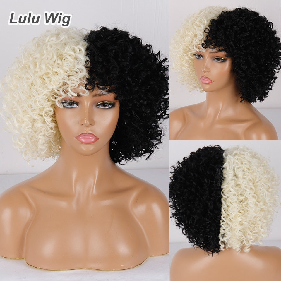 Short Curly Blonde Wig For Black Women Afro Kinky Curly Wig With Bangs Synthetic Natural Glueless Ombre Brown Blonde Cosplay Wig