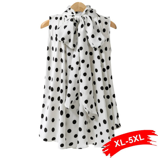 Plus Size Bow Print Big Dot Turtleneck Blouses Shirts 4XL 5XL Streetwear Sleeveless Loose Blouse