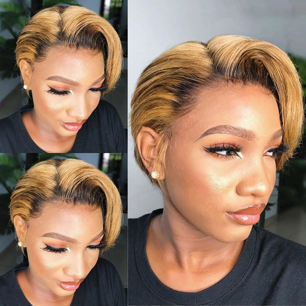 Short Bob Human Hair Wigs For Black Women Brazilian Bone Straight Pixie Cut Wig Cheap T Part Transparent Lace Wigs Pre Plucked