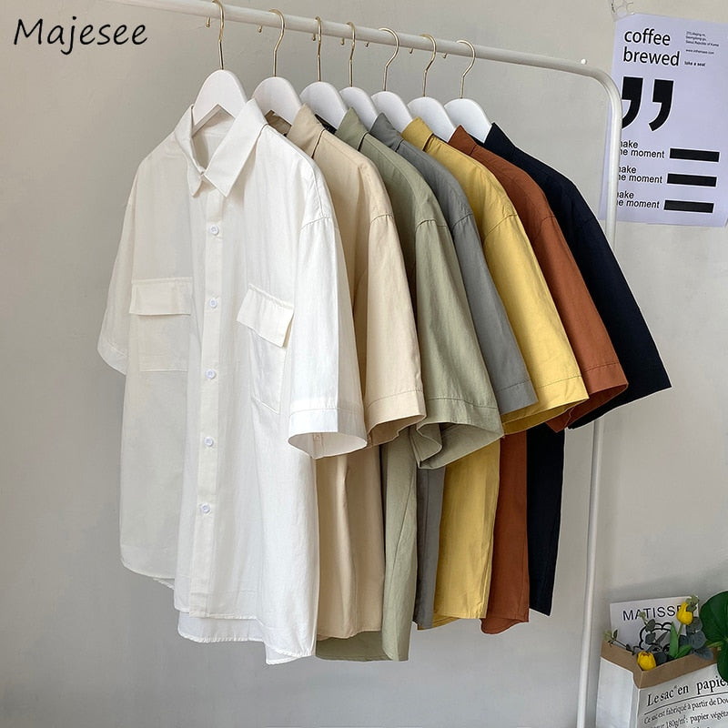 Short Sleeve Shirts Men Solid Candy Colors Loose Summer Couple Turn-down Collar Simple Pockets Fashion Harajuku Chemise Homme