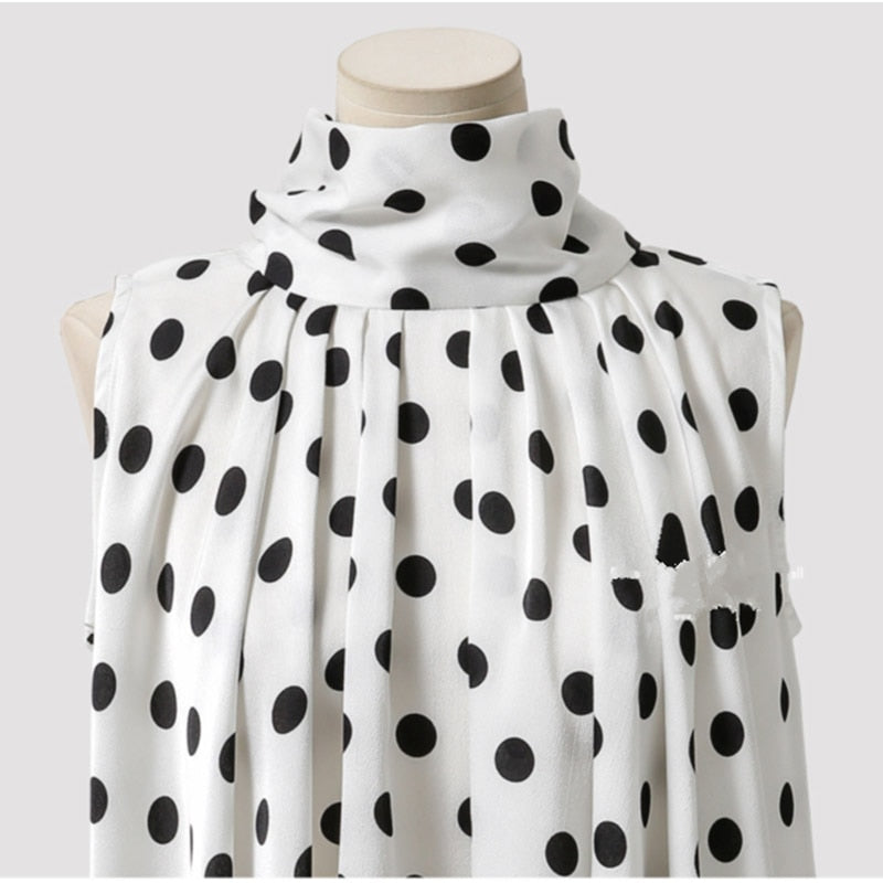 Plus Size Bow Print Big Dot Turtleneck Blouses Shirts 4XL 5XL Streetwear Sleeveless Loose Blouse