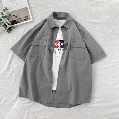 Short Sleeve Shirts Men Solid Candy Colors Loose Summer Couple Turn-down Collar Simple Pockets Fashion Harajuku Chemise Homme