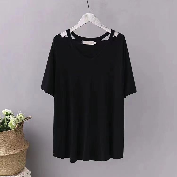 DAYIFUN Plus Size 150KG Women Large Tshirts Black Tops Lady Loose Short Sleeve T-shirts Summer V Neck Hollow-out Tees for Femme