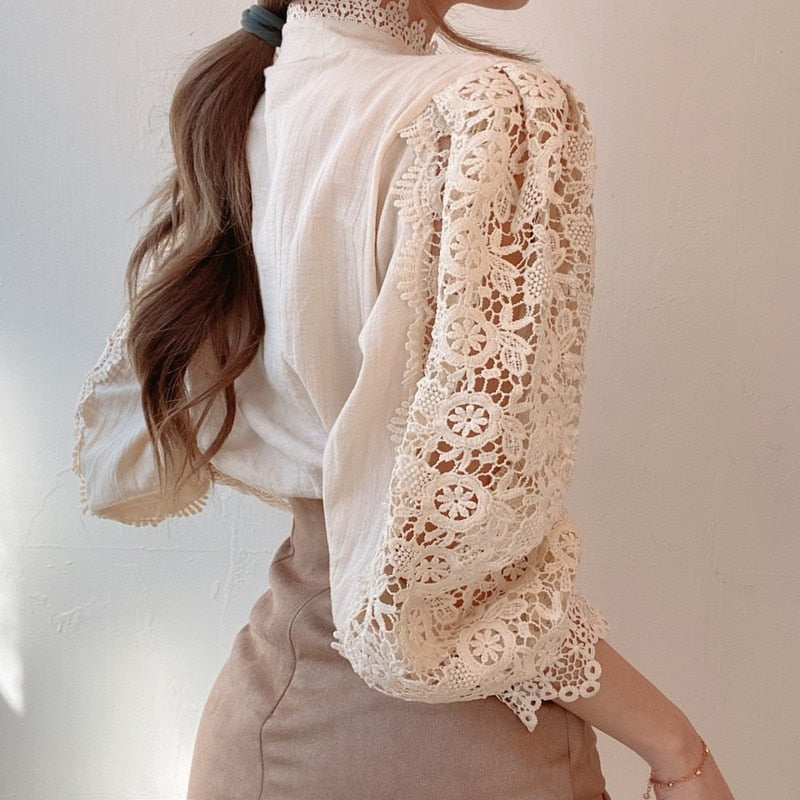 Chic Hollow Out Flower Lace Shirt Stand-Collar All-Match Summer Blouses 2023 Petal Sleeve Patchwork Women Top Femme Blusas 12419