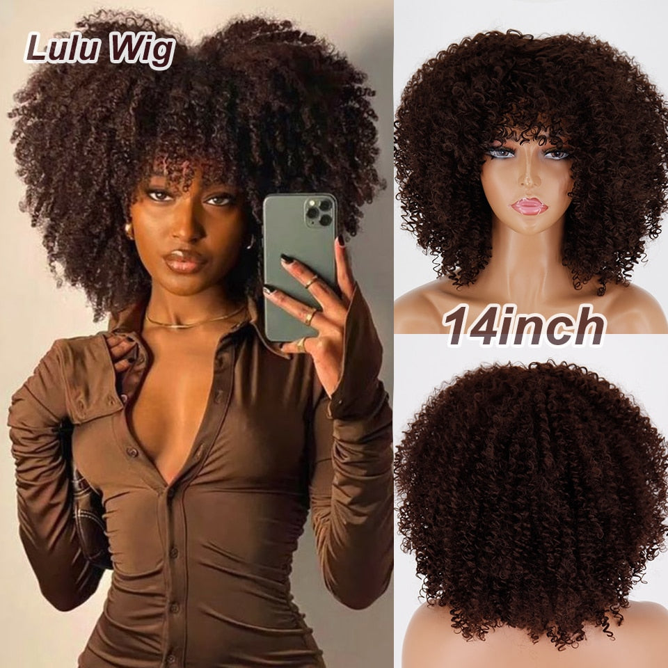 Short Curly Blonde Wig For Black Women Afro Kinky Curly Wig With Bangs Synthetic Natural Glueless Ombre Brown Blonde Cosplay Wig