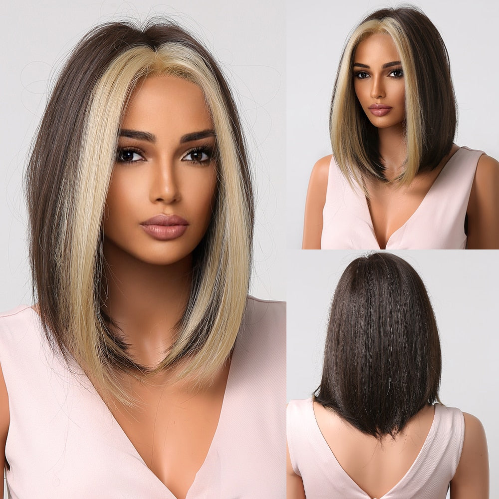 Short Straight Synthetic Wigs for Women Blonde to Brown Ombre Bob Wigs with Bangs Daily Cosplay Party Heat Resistant Fake Hair