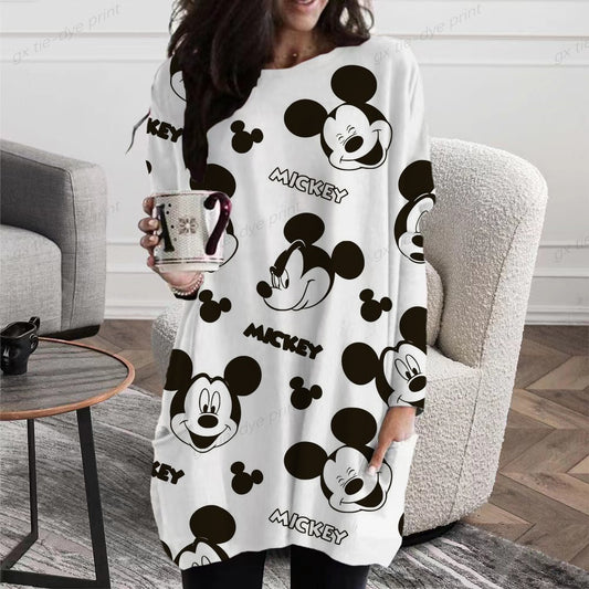 Disney Minnie Mickey Mouse Print Long T shirts Autumn Women Loose Pocket Femme Tops Cartoon Tshirt Long sleeve Ladies t-shirt