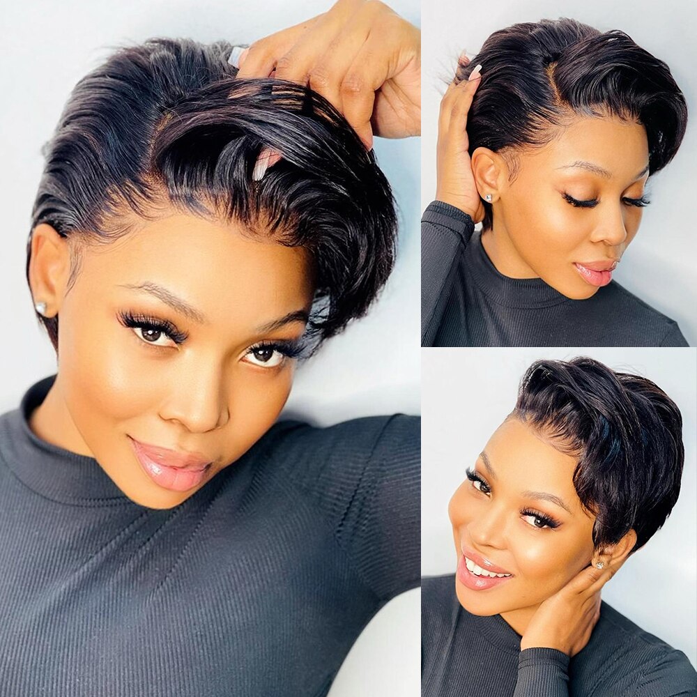 Short Bob Human Hair Wigs For Black Women Brazilian Bone Straight Pixie Cut Wig Cheap T Part Transparent Lace Wigs Pre Plucked