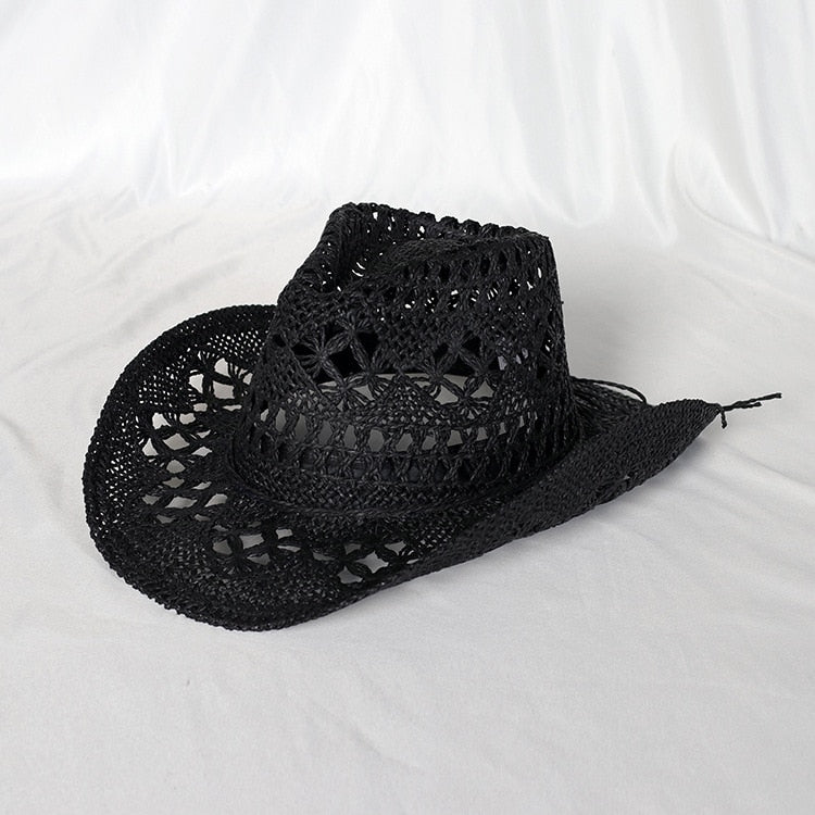 Cowboy hat fashion hollow handmade cowboy straw hat men's summer outdoor travel beach hat unisex solid color western cowboy hat