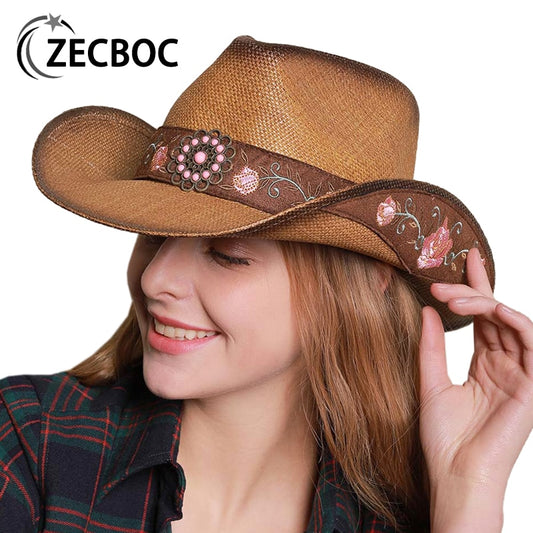 2022 High Quality Straw Hat Women Western Cowboy Hat Panama Summer Retro Elegant Vintage Cowgirl Handmade Embroidery Sun Hats