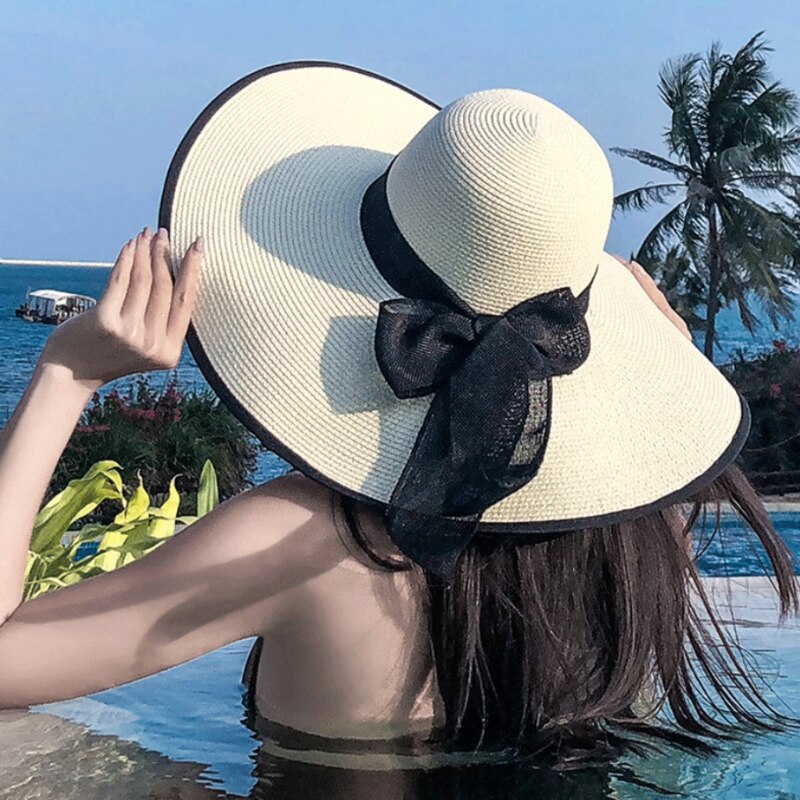 Women Summer Beach Travel Straw Hat Korean Seaside Big Hat Brim Sunblock Sunshade Holiday Foldable Fashion Big Cool Hat