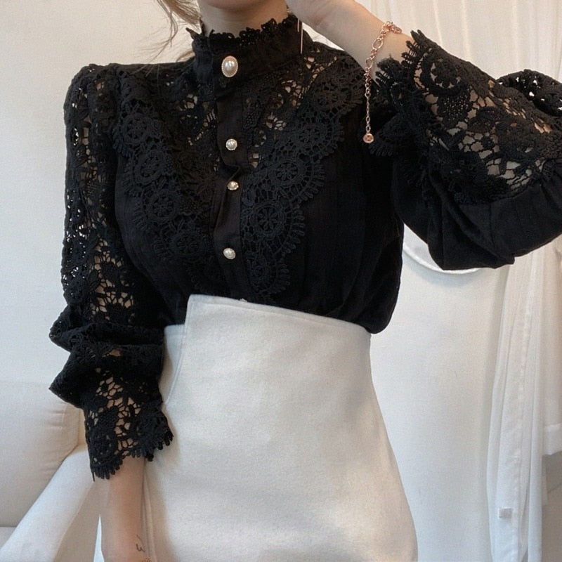 Chic Hollow Out Flower Lace Shirt Stand-Collar All-Match Summer Blouses 2023 Petal Sleeve Patchwork Women Top Femme Blusas 12419