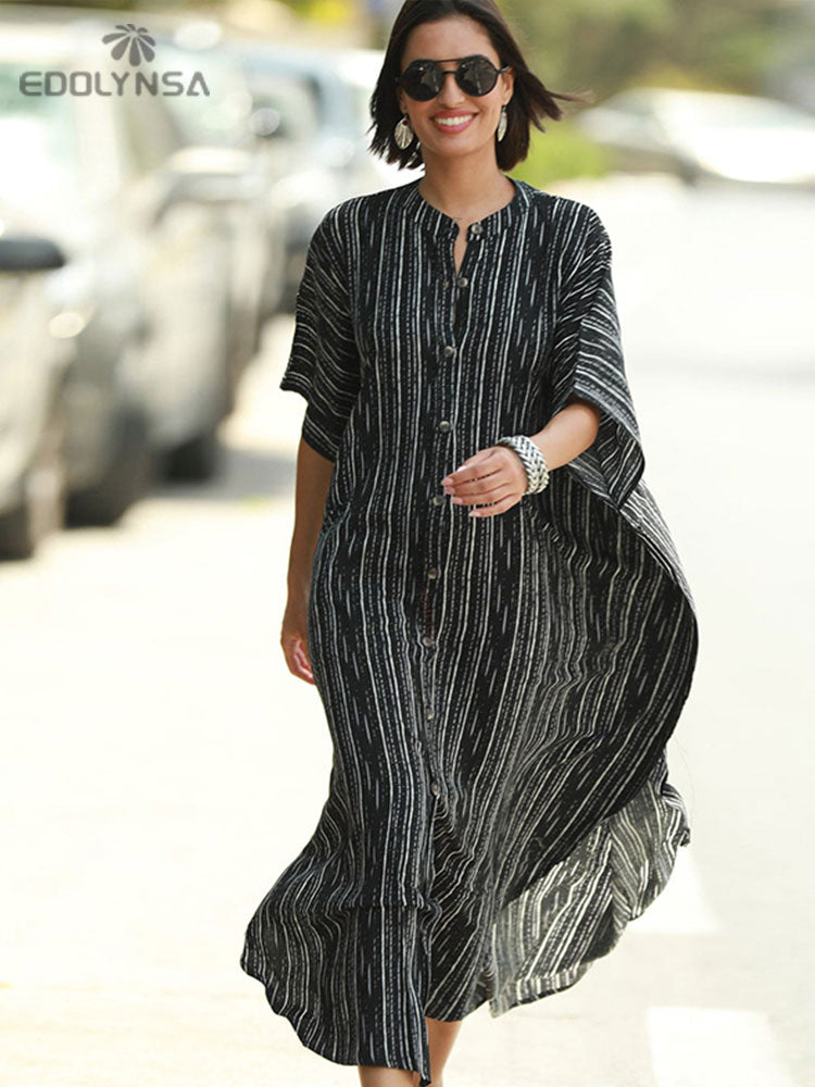 2023 Sexy Cold Shoulder V Neck Bats Sleeve Loose Summer Beach Dress Plus Size Women Beachwear Kaftan Black Dress Q943