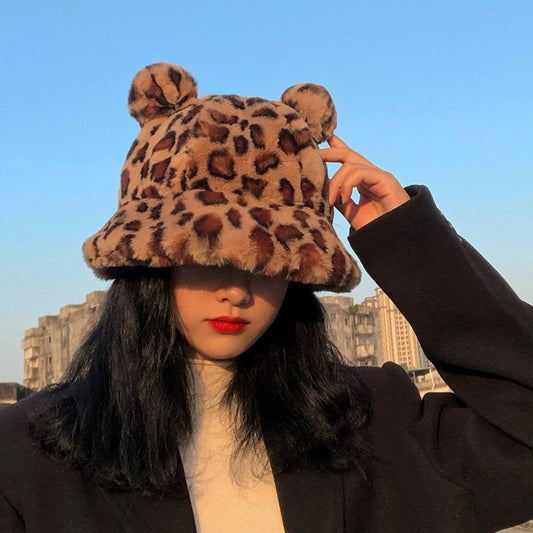 Winter Fashion Cute Leopard Bear Ear Bucket Hat For Women Thick Warm Faux Fur Furly Fisherman Cap Outdoor Protection Soft Panama