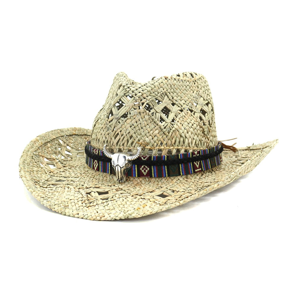 Cowboy hat fashion hollow handmade cowboy straw hat men's summer outdoor travel beach hat unisex solid color western cowboy hat