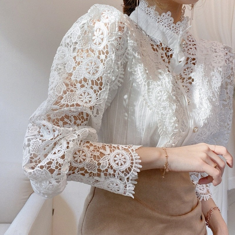 Chic Hollow Out Flower Lace Shirt Stand-Collar All-Match Summer Blouses 2023 Petal Sleeve Patchwork Women Top Femme Blusas 12419