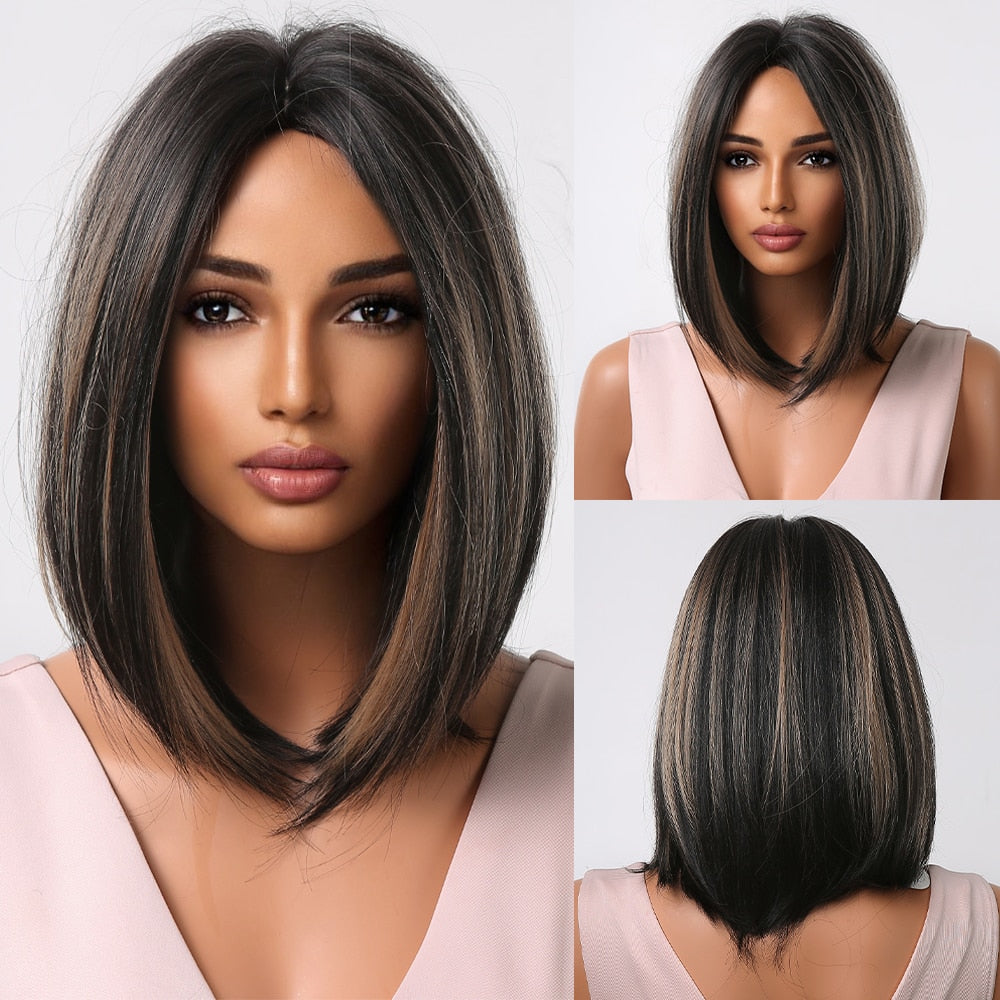 Short Straight Synthetic Wigs for Women Blonde to Brown Ombre Bob Wigs with Bangs Daily Cosplay Party Heat Resistant Fake Hair