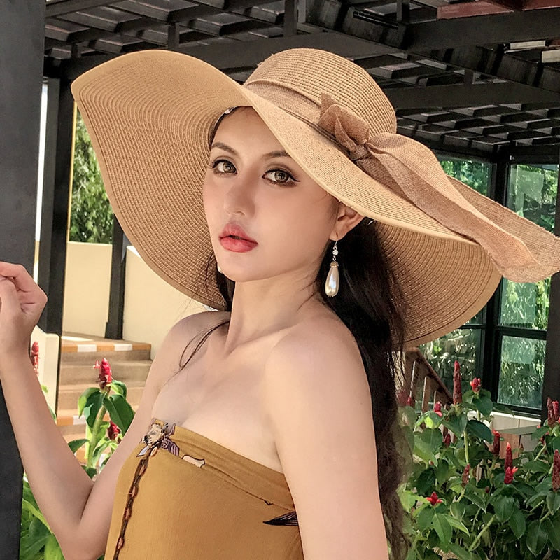 Women Summer Beach Travel Straw Hat Korean Seaside Big Hat Brim Sunblock Sunshade Holiday Foldable Fashion Big Cool Hat