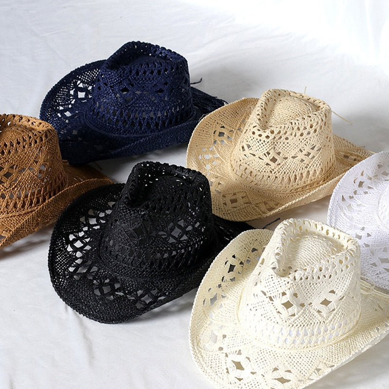 Cowboy hat fashion hollow handmade cowboy straw hat men's summer outdoor travel beach hat unisex solid color western cowboy hat