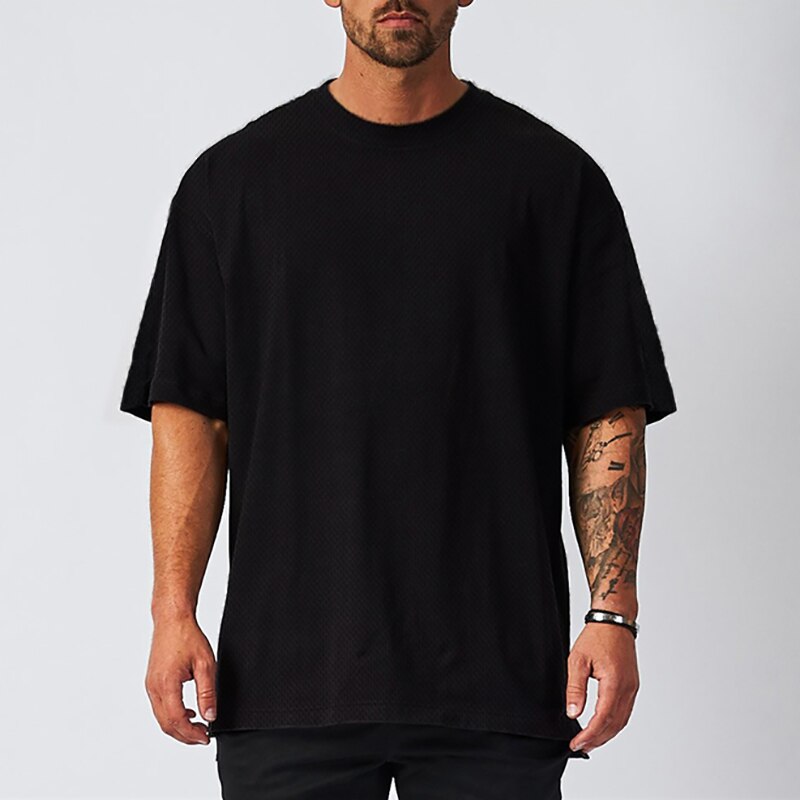 Plain Mesh Fitness Mens Oversized T Shirt Outdoor Hip Hop Streetwear Loose Gym Clothing Half Sleeve T-shirt Bodybuilding Tshirt