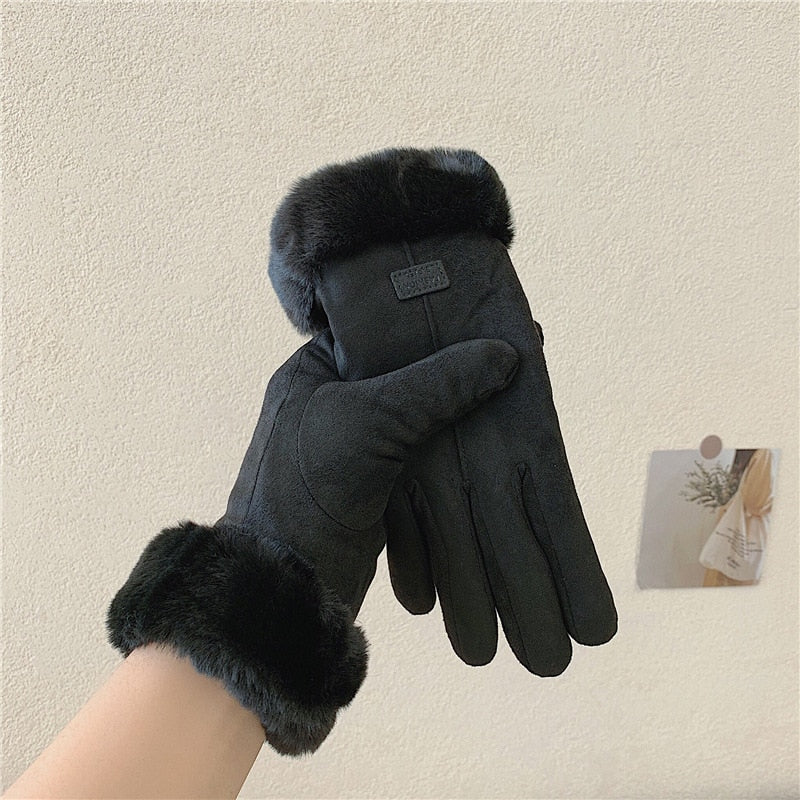 Winter Gloves Furry Warm Screen Women's Fur Gloves Full Finger Mittens Screen Glove Driving Windproof Gants Hiver Femme Guantes