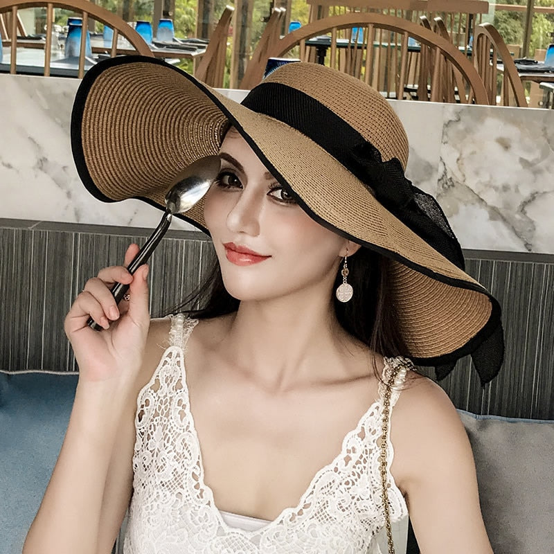 Women Summer Beach Travel Straw Hat Korean Seaside Big Hat Brim Sunblock Sunshade Holiday Foldable Fashion Big Cool Hat