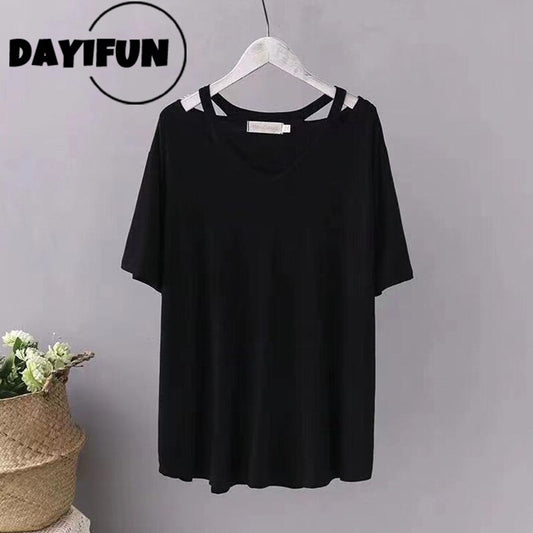 DAYIFUN Plus Size 150KG Women Large Tshirts Black Tops Lady Loose Short Sleeve T-shirts Summer V Neck Hollow-out Tees for Femme