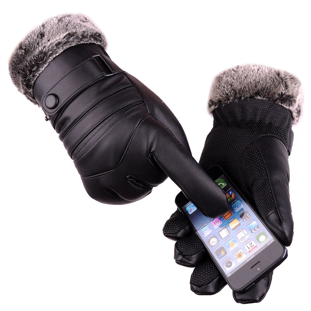 Mens Long Leather Gloves Wool Warm Touchscreen Gloves Waterproof Fur Mittens Heated Cashmere Gloves Motorcycle Gants Winter