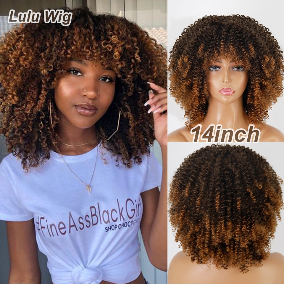 Short Curly Blonde Wig For Black Women Afro Kinky Curly Wig With Bangs Synthetic Natural Glueless Ombre Brown Blonde Cosplay Wig