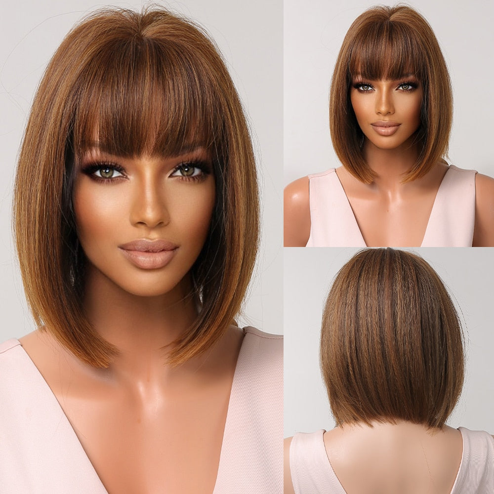 Short Straight Synthetic Wigs for Women Blonde to Brown Ombre Bob Wigs with Bangs Daily Cosplay Party Heat Resistant Fake Hair