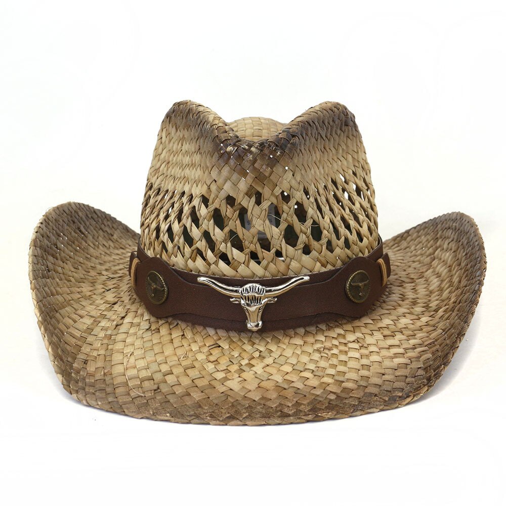 Cowboy hat fashion hollow handmade cowboy straw hat men's summer outdoor travel beach hat unisex solid color western cowboy hat